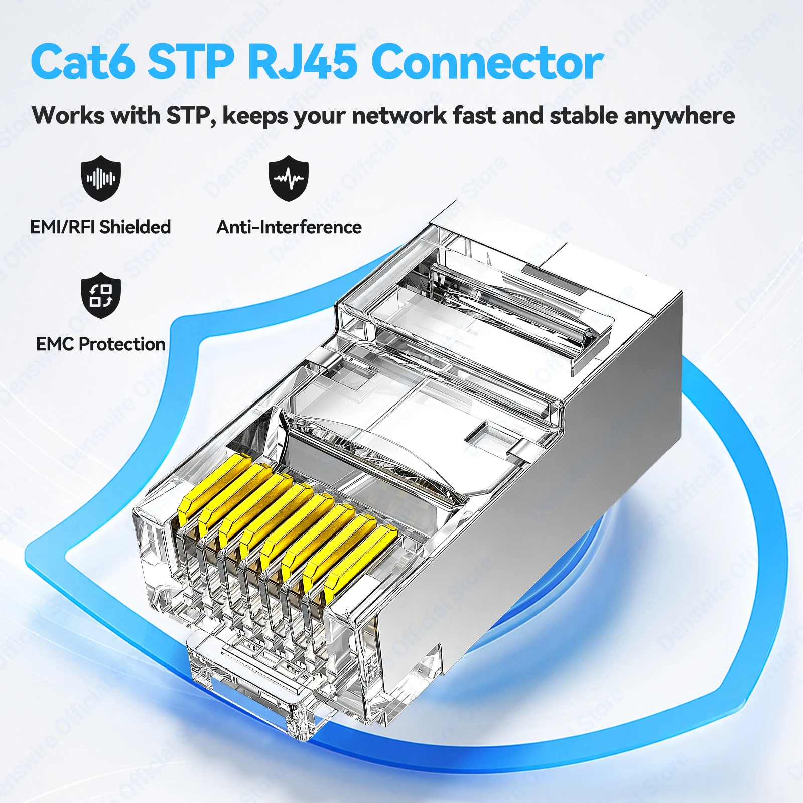 Denswire CAT6a Cat6 CAT5e Pass Through 8P8C RJ45 Modular Plug Network Connectors UTP/STP 30μ Gold-Plated Hole End Crystal Head