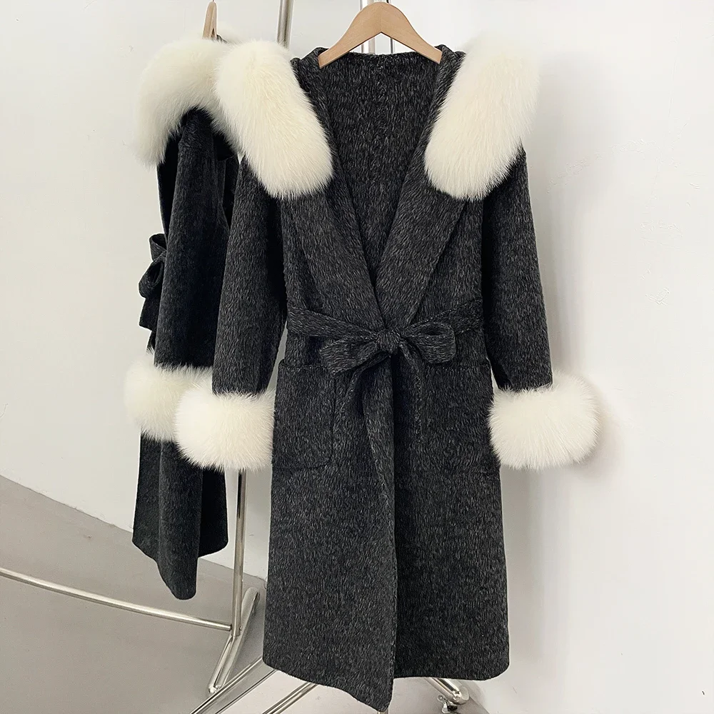 OFTBUY Wollmantel mit Echtfellkragen und Kapuze, Gürtel, 100% Wolle, Damen, Herbst/Winter, Luxus, Lange Kleidung mit Naturfell – Detail 16