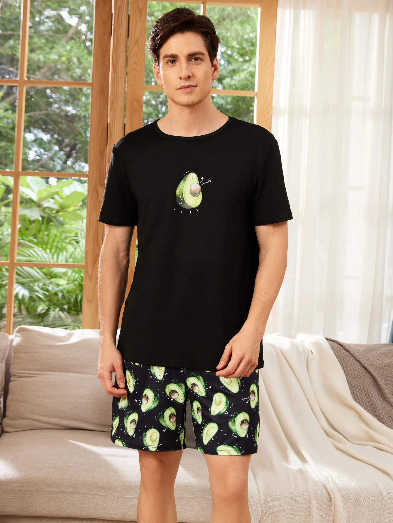

Men's Short Sleeve Lounge Set with Round Neck and Shorts