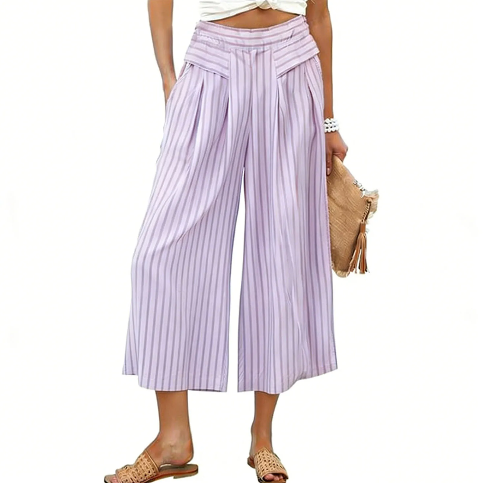 Women Striped Wide Leg Pants Summer High Waist Palazzo Pants Relaxed Casual Beach Culottes Elastic Waist Lounge Trousers Holiday