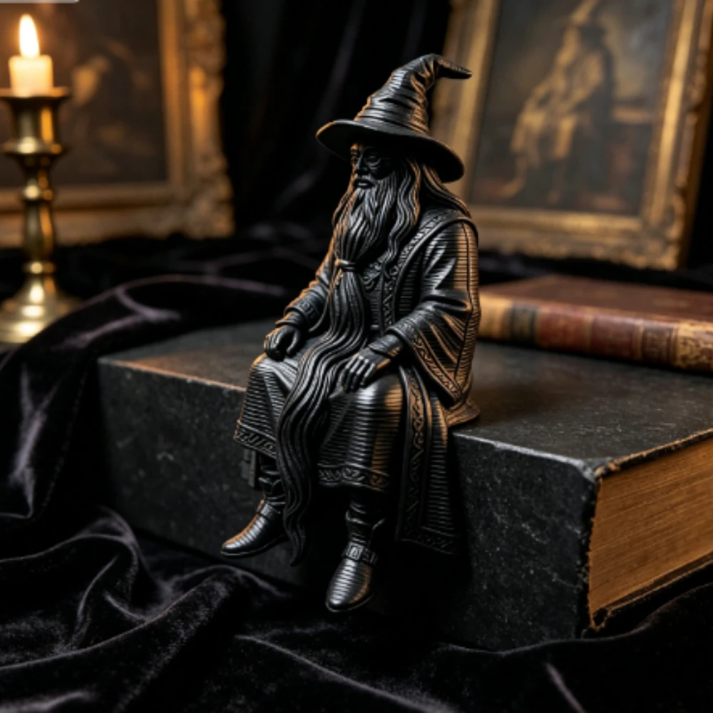 Mystery Wizard Shelf Sitter Figurines 3D Printed Sitting Posture Old Mage Statues Fantasy Desk Decor for Bookshelf & Study Table