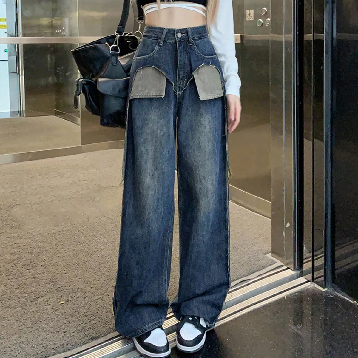 Korean Chic Early Autum American Retro Narrow Version High-Waisted Flap Pocket Pants Valgus Design Denim Straight Wide-Leg Pants for Women Utaiteriter Talon