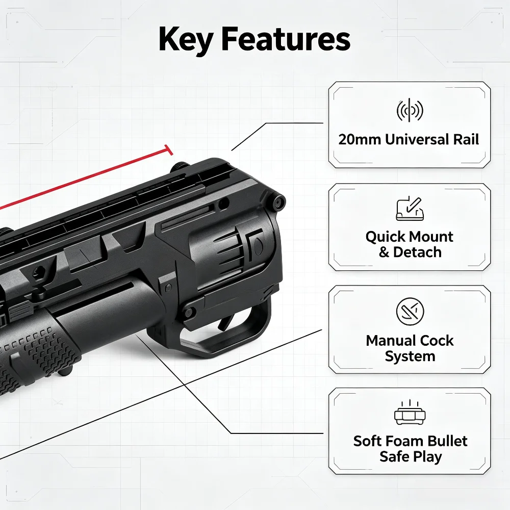 Black Hobby Model Foam Bullet Launcher Attachment Fit Standard 20mm Rail Manual Cock Operation Toy Parts