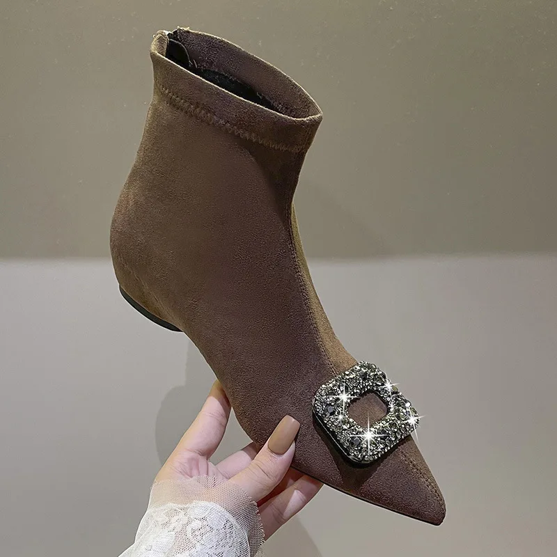 ジッパーレディブーツブーツ-女性の靴高級デザイナー冬の履物クリスタルフラットヒール-2026-秋のファッションハイヒールアンクルラバー