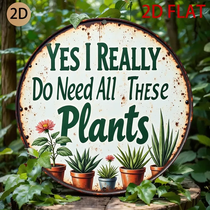 Vintage Style Metal Round Sign, 2D Flat Plant Design Decor for Home Garden