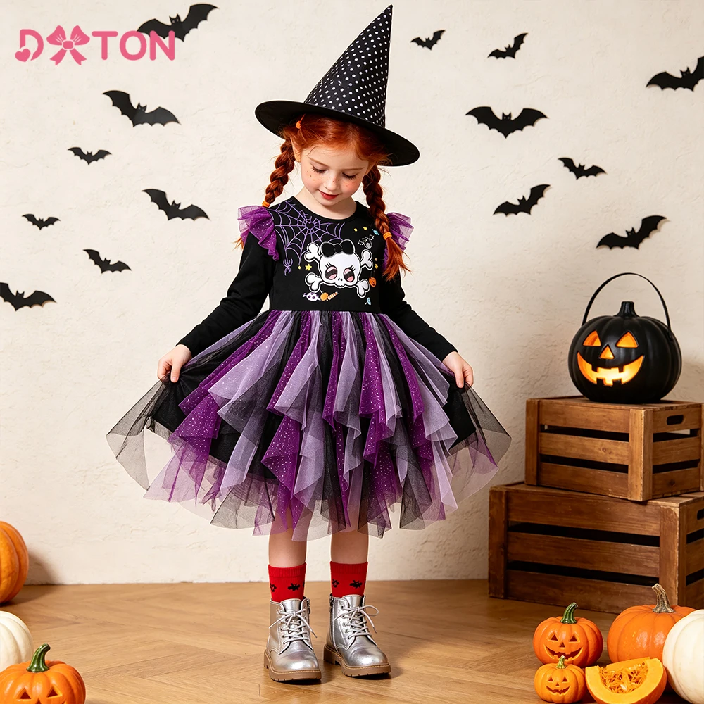 DXTON Halloween Children Gift Irregular Mesh Baby Girls Party Dresses Spider Skull Kids Cosplay Costumes Girls Halloween Outfits