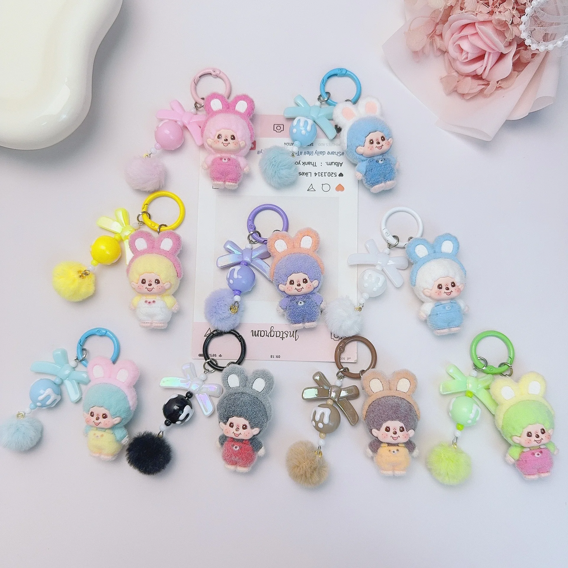 Flocking Monchichi Keychains with Bow Cute Monchichi Keychain Pendant for Bags Anime Bags Charm Keyring Girls Bag Pendant Gifts
