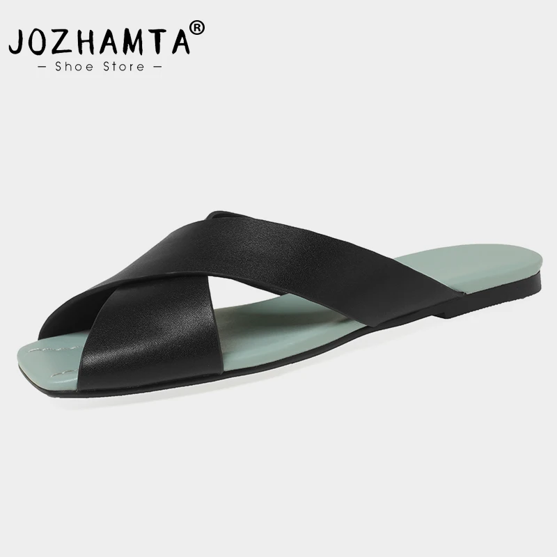 JOZHAMTA Size 33-40 Women Flats Slippers Real Leather Low Heels Summer Shoes Woman 2023 Open Toe Indoor House Slides Outdoor