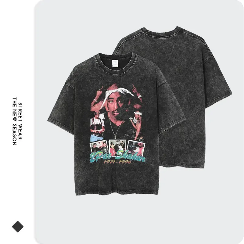 Hip Hop 2Pac T Shirt Tupac Vintage Washed Rapper Amaru Shakur T-shirts Oversized Old School Tshirts Makaveli Retro Tops Tees Men