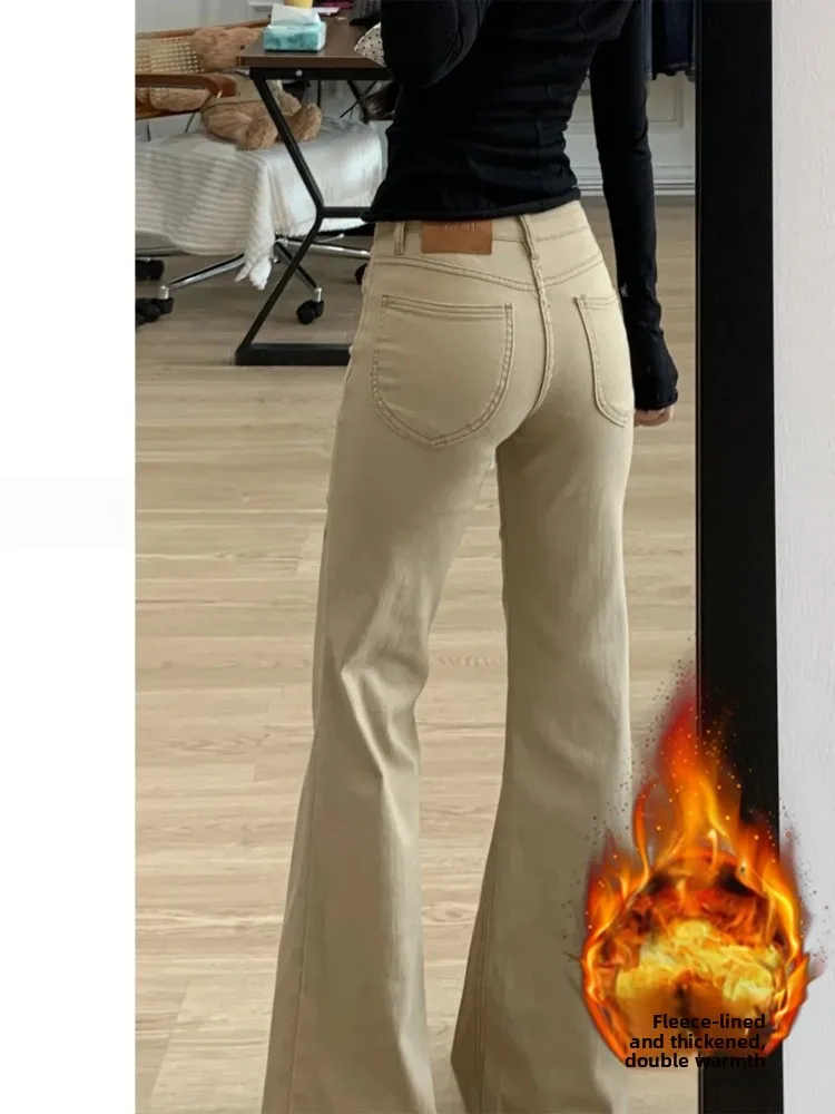 كاكي Fce مبطن متوهج الجينز المرأة منخفضة الخصر التخسيس Bootcut السراويل مريحة للتنفس ارتداء مقاومة لينة تمتد