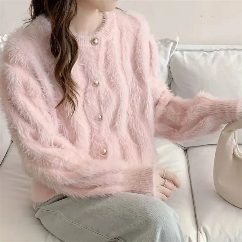 

Модный осенний женский кардиган, свитер 2025 года, женский свитер из искусственного меха норки с круглым вырезом, свободная женская трикотажная одежда, топ