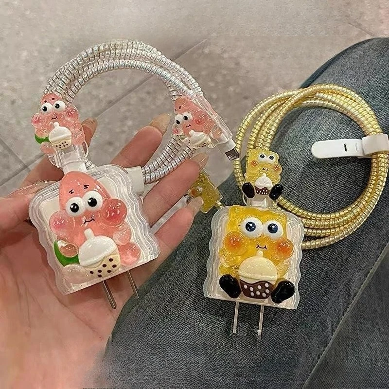 Cute SpongeBob Data Cable Protective Cover for iPhone 20W 18W Anime Fashion Charging Head Protection Sleeve Bag