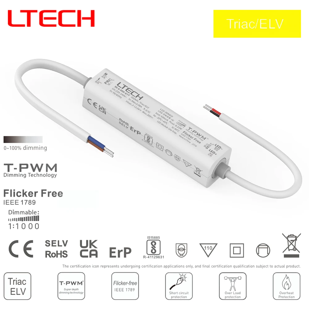LTECH TRIAC ELV LED Driver Constant Current 100-700mA 6W Dimmable LED Driver 0-100% PMW Dimming Flicker Free AC220-240V Input
