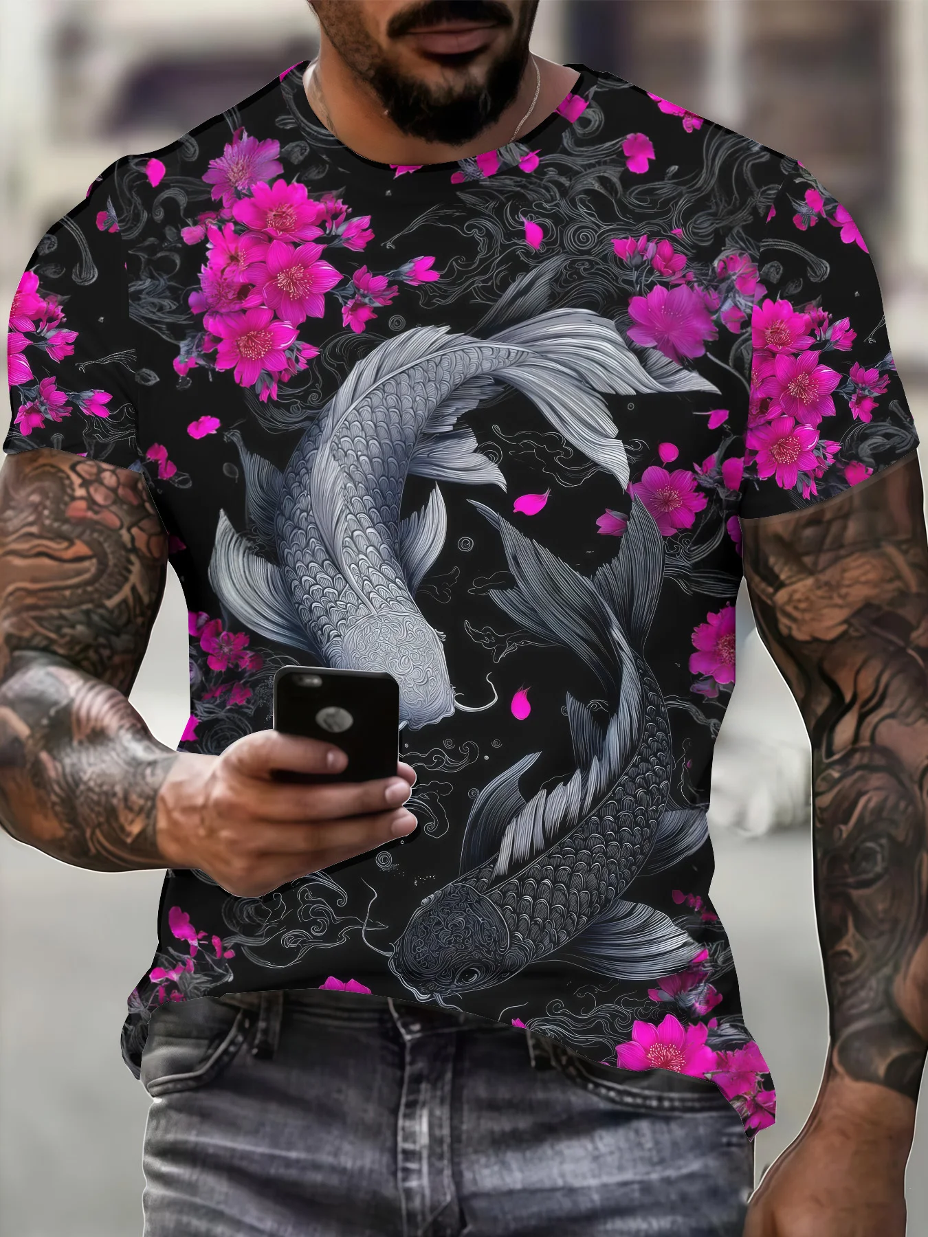 Men's 3D Yin Yang Koi Fish Pink Cherry Blossom Print T-Shirt Crew Neck Short Sleeve Japanese Style Casual Tee Top