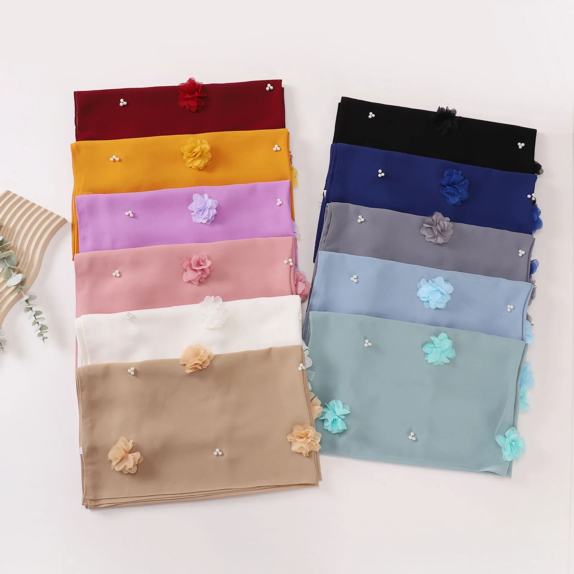 Nieuwe Parel Chiffon Bloem Kraal Sjaal Moslim Hijab Vrouwen Hoofddoek Sjaal Wrap Tulband Sluier Bandana Bufanda Foulard Turbante Mujer