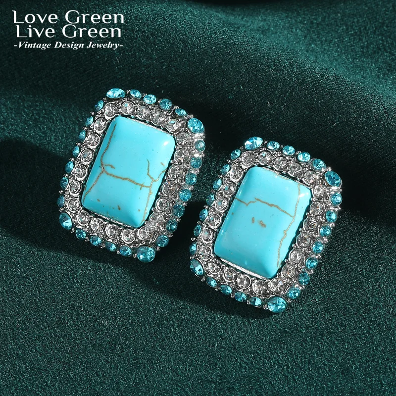 

Vintage Turquoise Square Rhinestone Stud Earrings For Women Accessories Luxury Jewelry Charm Designer Elegant New 2026 Trends