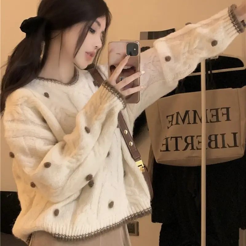 

2024 Autumn Winter Women New Loose Short Thick Warm Jumpers Female Long Sleeve Sweater Tops Ladies O-neck Knitted Tops U111