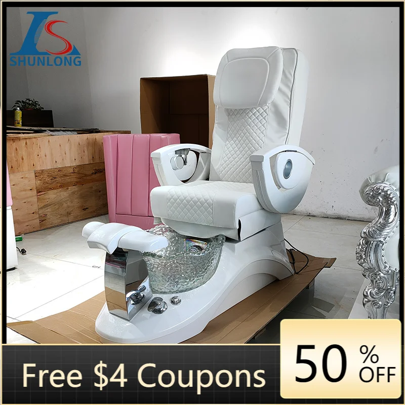 Light Green Diamond Quilted PU Pedicure Spa Chair, Electric Reclining Foot Massage Chair with Crystal Glass Foot Basin, White Ar