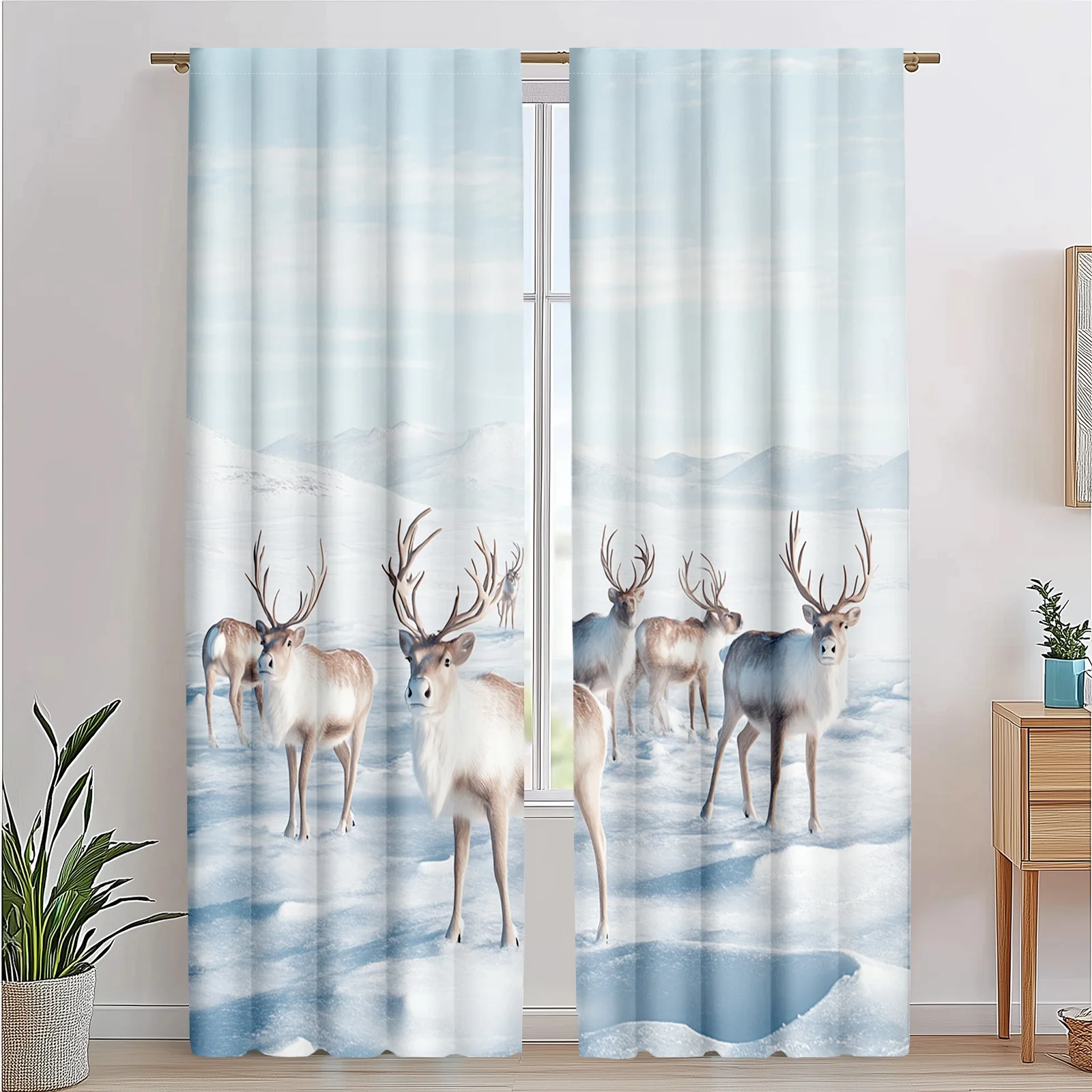 2pc Tromso Reindeer Curtains - Norwegian Winter Wildlife Pattern, Polyester Fabric, Perfect for Bedroom, Machine Washable