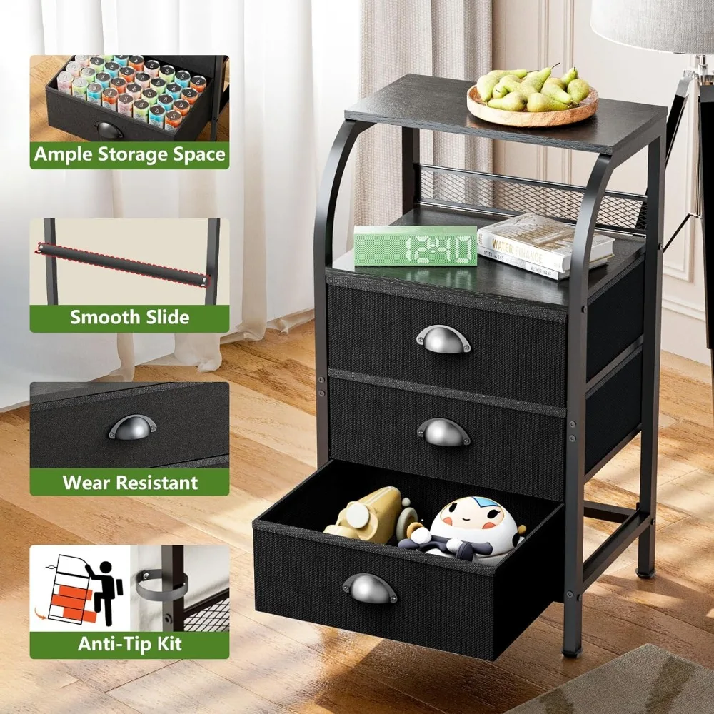 منضدة معاصرة سوداء ذات 3 أدراج مع أرفف مفتوحة للتخزين بجانب السرير #5