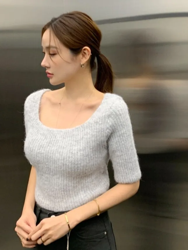 Chic Autumnal Vintage Versatile Square Collar Bal Knot Design Soft Slimming ort Sve Knitted Sweater for Women
