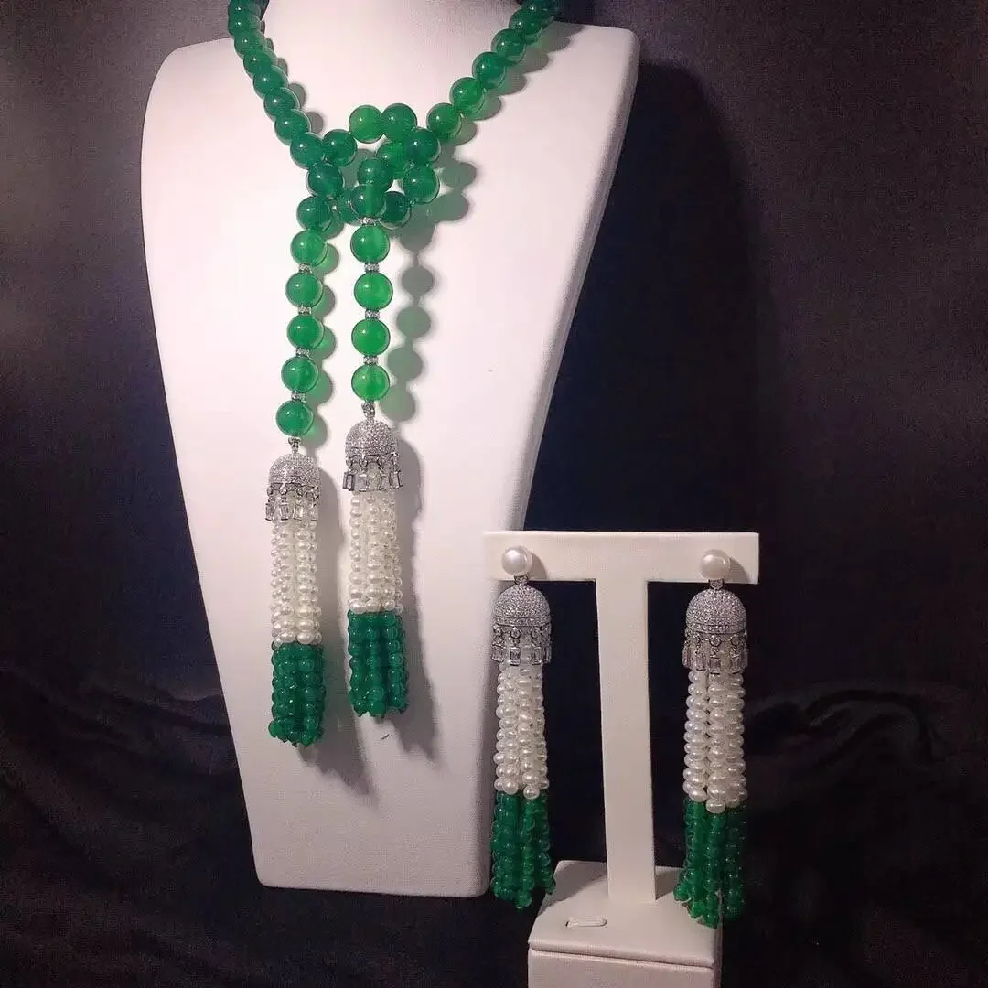 

white pearl and green jade round tassel necklace earrings wholesale beads nature woman