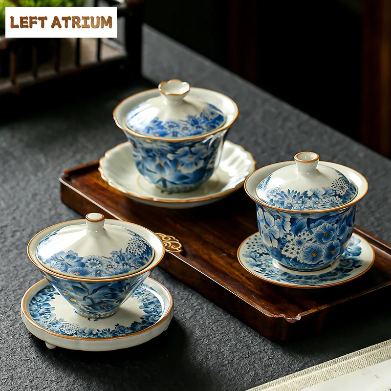 Image of Hochwertige Retro Ru-Keramik Teeschale mit Sancai-Deckel, Gaiwan für Kung-Fu-Teezeremonie