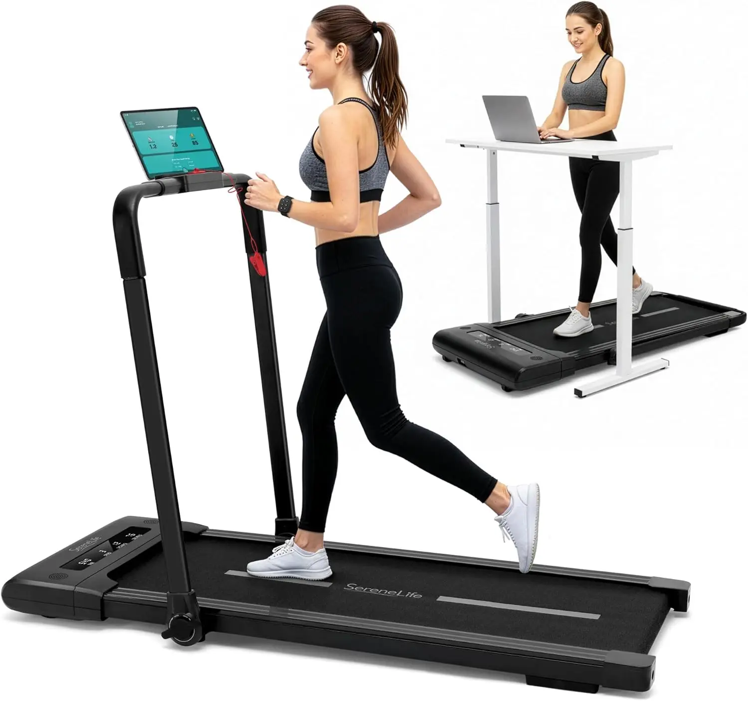 Compact Foldable Walking Treadmill for Home Use, 8.7 MPH Speed, Shock-Absorbing Mat with LED Display, Under Desk Treadmill for Office, Handle Bar, App Control, Supports Up to 350 lbs