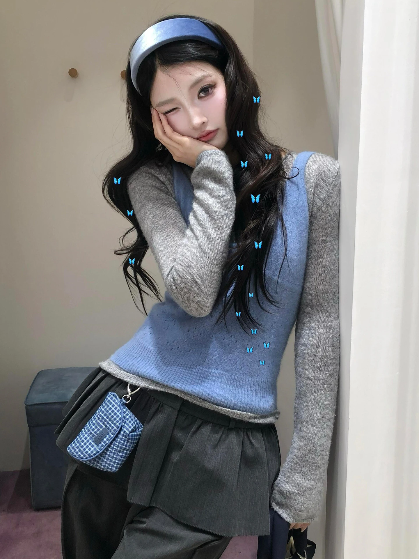 

Korean Sle Women's Knitted Sweater Vest Top Bot Two-Piece Set Slim Fit Inner Wear Base irt New Arrival Autumn Winter