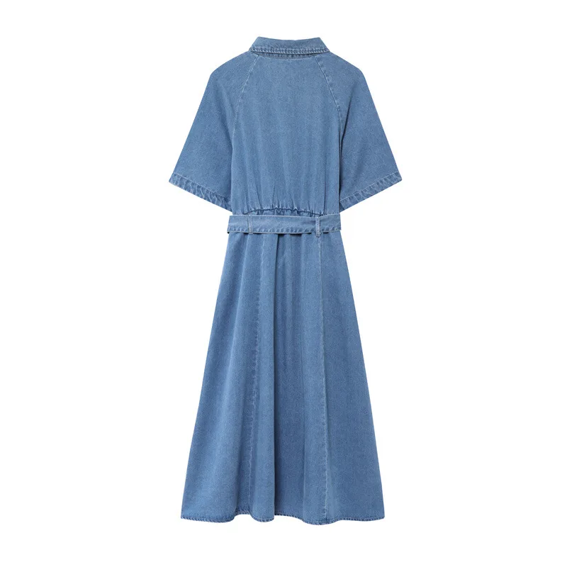 تنورة ماكسي جديدة بياقة قميص ورباط على الخصر من قماش الدنيم