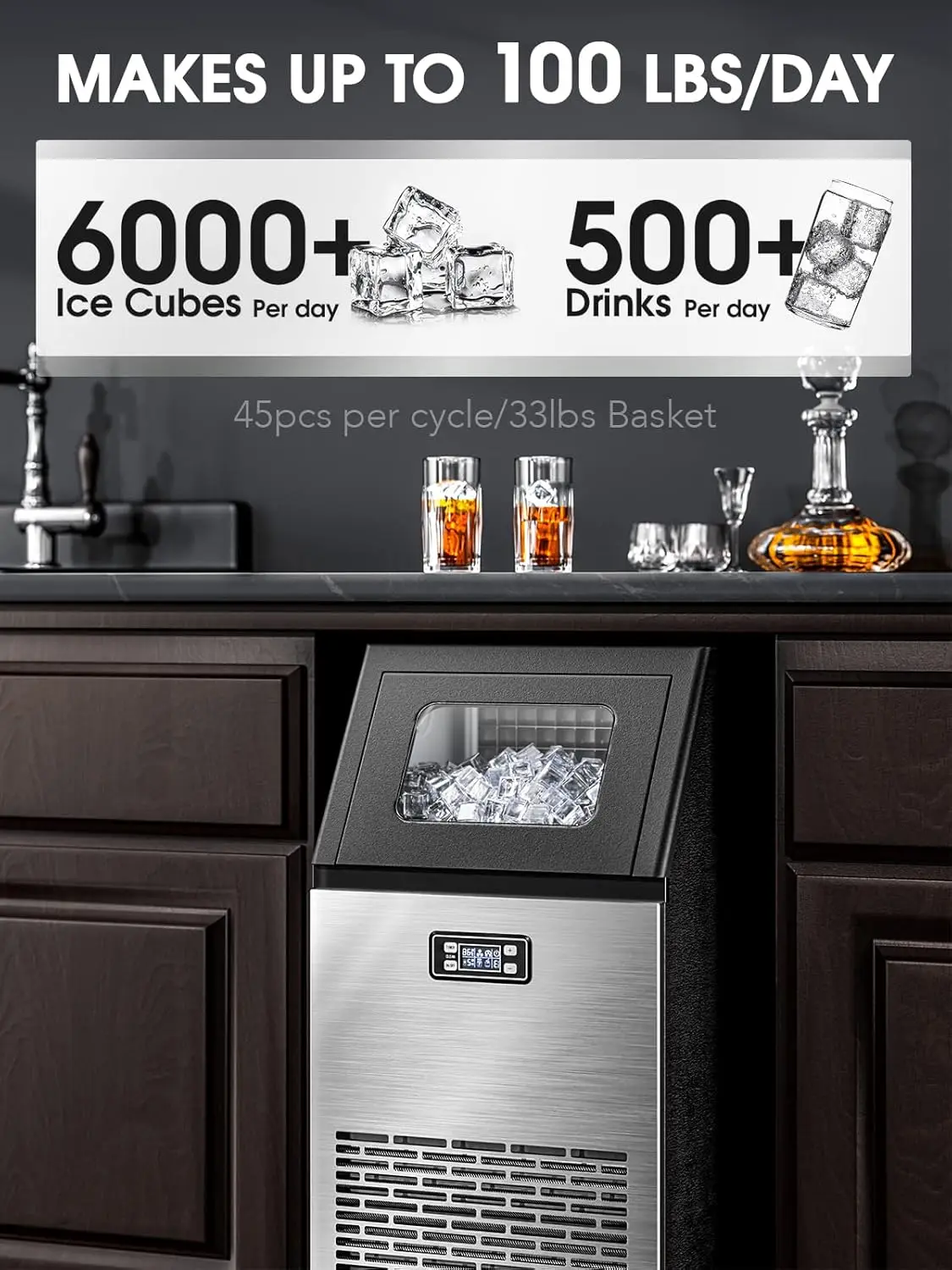 Pebble-V2.0 Commercial Ice Maker,100 lbs,2-Way Adicionar Água, Sob Counter Ice Maker, Auto Limpeza, Máquina de Gelo com 24 Horas Tempo