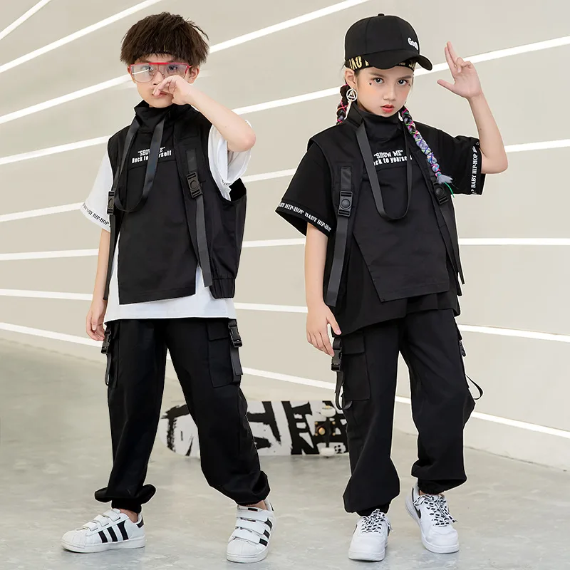 Meisjes Jongens Jazz Dans Kostuum Kleding Dragen Zwarte Kid Hiphop Kleding T-Shirt Top Tactische Cargo Broek Mouwloos Jas Vest