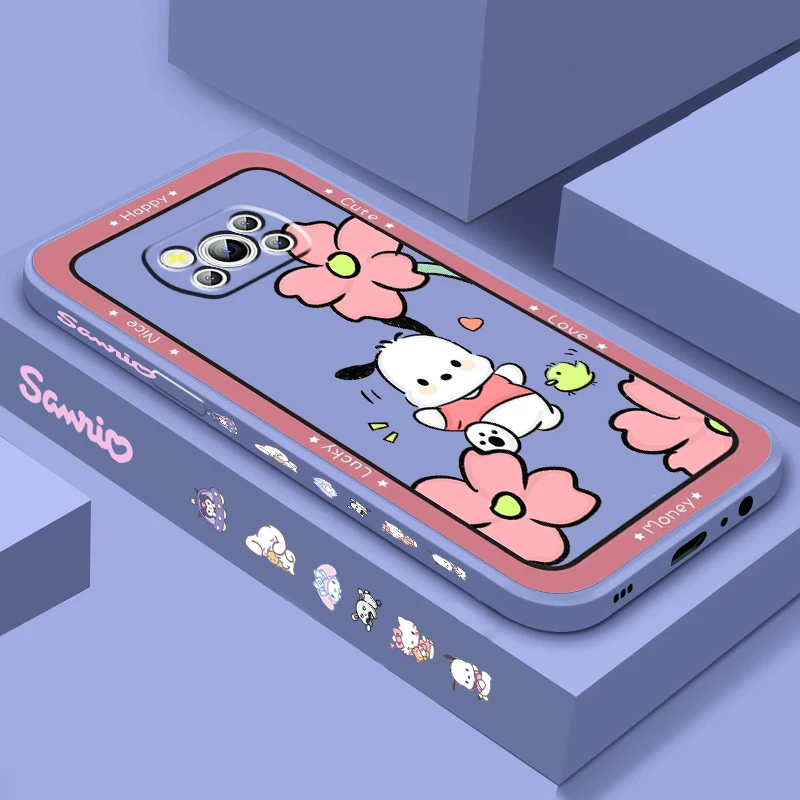 Cute Pachacco Sanrio Comic Liquid Left Rope For Xiaomi Mi Poco X5 X4 X3 M6 M5 M5S M4 M3 F5 F4 F3 C55 C40 Pro 5G Soft Phone Case