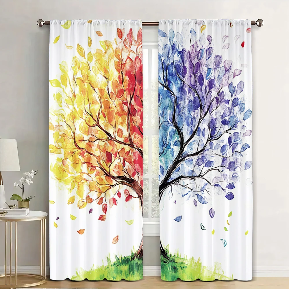 2Pcs Tree Curtains Nature Colorful Blooming Branches Seasons Themed Living Room Bedroom Window Drapes K