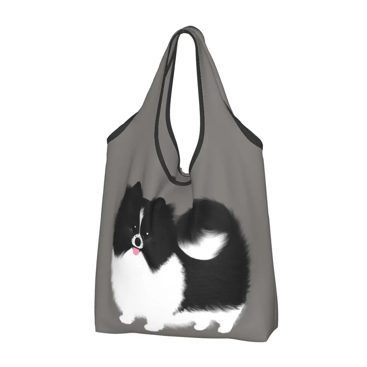 Black And White Parti Pomeranian Fluffy Dog Portable Tote Shopping Bags Reusable Shopper Bag Grocery Handbag Shoulder Bag