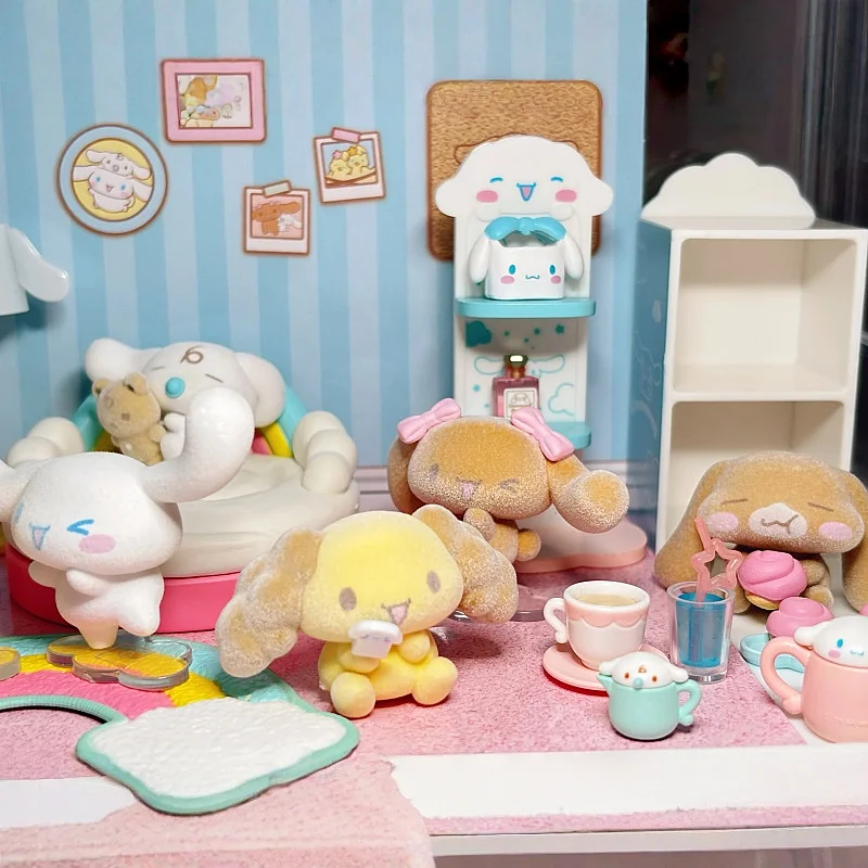 Re-Ment Sanrio Cinnamoroll Flocked Blind Box Set Miniatur-Entspannungs-Wohnzimmerszene Lebensmittel-Spielzeug Sammlerstück Anime-Figur für Fans