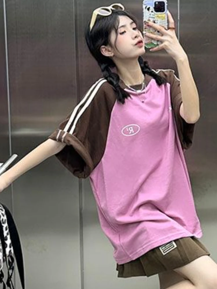 Panolistne t-shirty damskie na co dzień Hotsweet z okrągłym dekoltem w stylu amerykańskim w stylu Vintage para letnie nastolatki moda College Chic — zdjęcie 3
