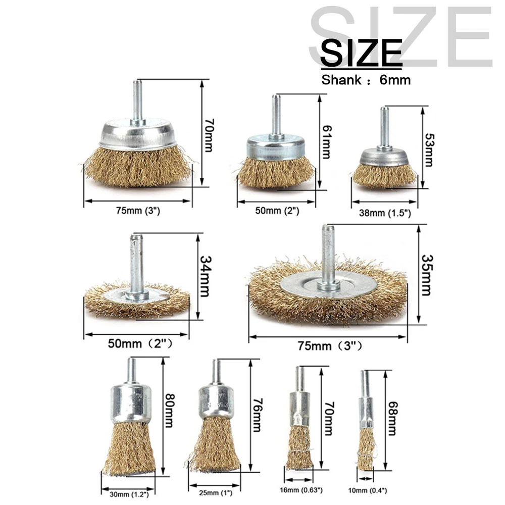 9 Pieces Brass Coated Wire Brush Drill Attachment Set with 1/4 inch Shank for Cleaning Rust Stripping Polishing Deburring