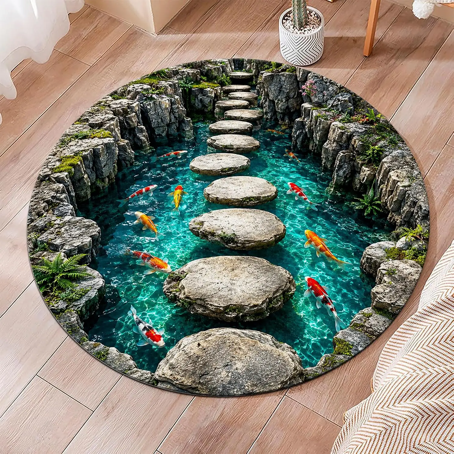 3D Effect Round Rug Stepping Stone River Carpet Circular Area Rug for Living Room Bedroom Nature Theme Home Decoration Floor Mat
