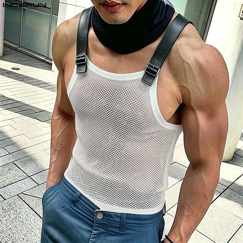 INCERUN Herren Tanktops Mesh Patchwork Durchsichtige Männer-Westen Sommer Ärmellos Sexy 2026 Modische Herrenbekleidung Oberteile