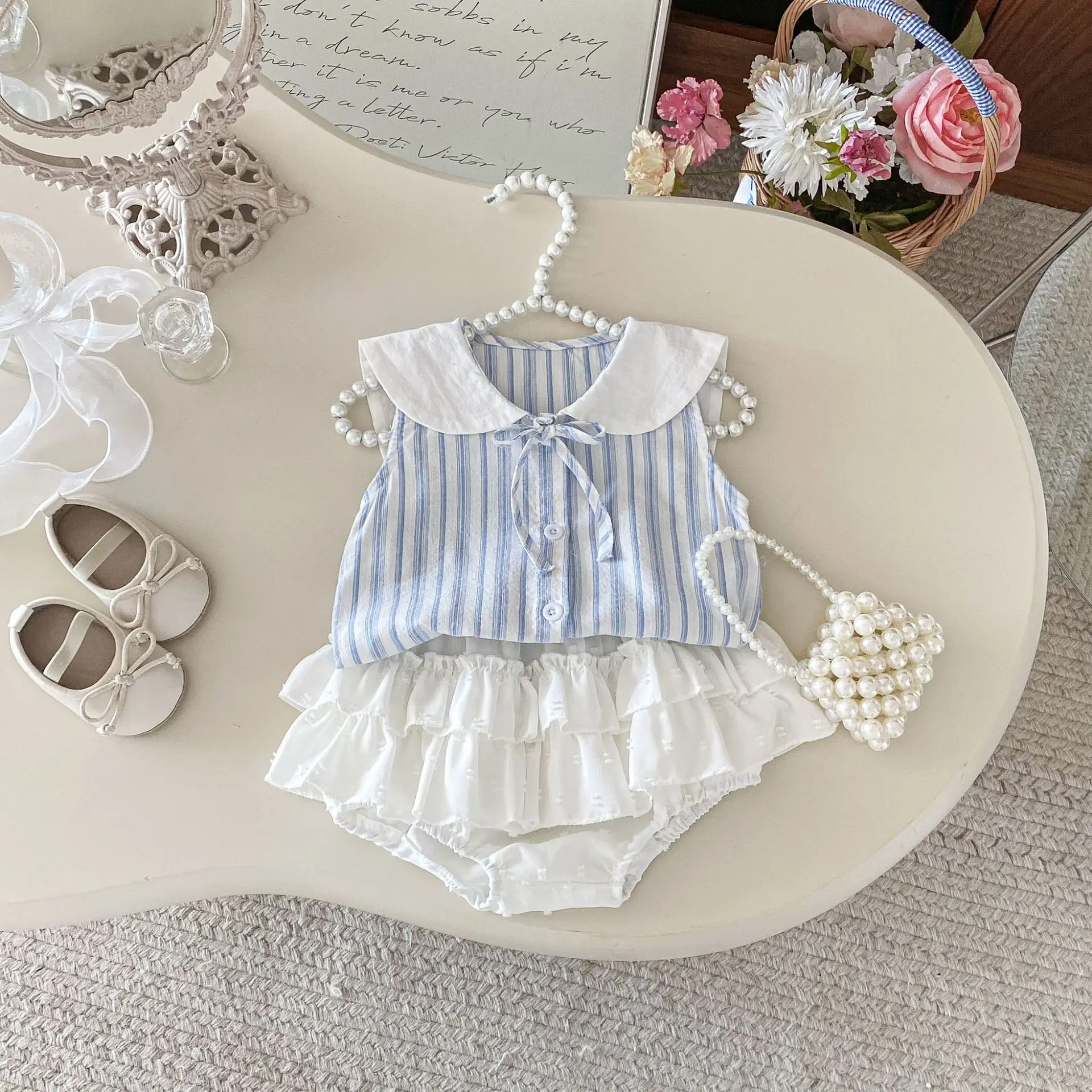 

2026 Summer Korean 9M-3T Baby Girls Clothing Set Blue Stripe Tee And White Bloomer 2 Pieces Set Toddler Outfit