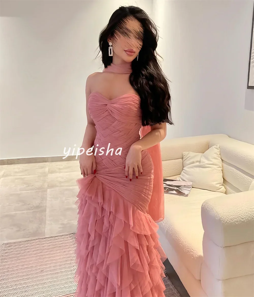 Customized Intricate Matching Tulle Pleat Tiered Ruched A-line Strapless Long Dresses Evening Dresses High Quality Chinese Style