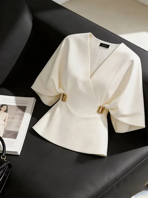 

Elegant French Style Women's Shirt Summer Slim Fit Commute Batwing Sleeve White Shirt Casual V-neck Short Sleeve Polyester