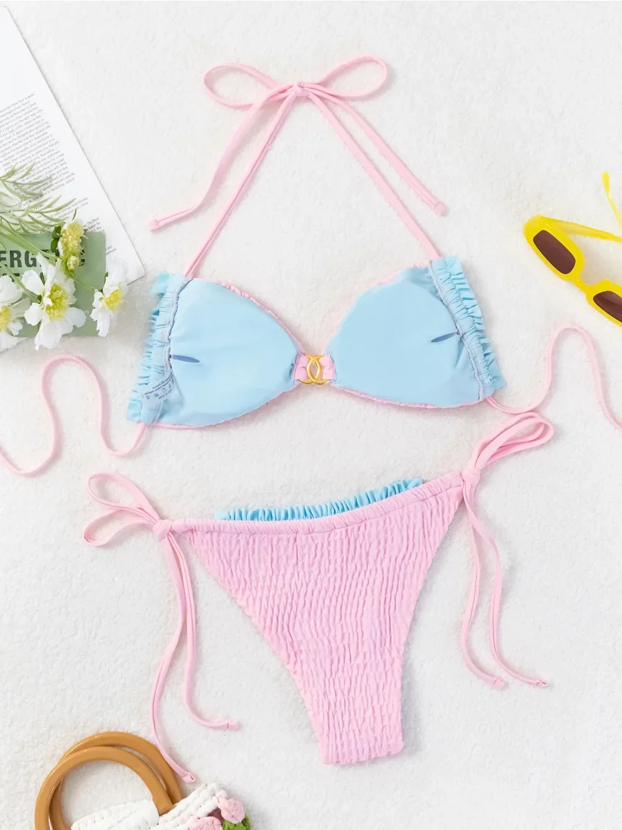 Conjunto de biquíni feminino sexy plissado rosa triângulo halter sem costas maiô duas peças conjunto férias maiô 2025 novo