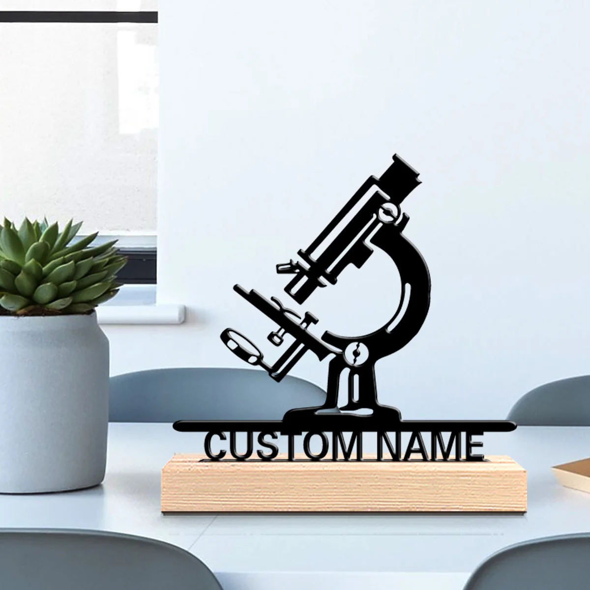 1pc Simple microscope Customized Letter Metal Statue Iron Ornament Art Figurine With Wood Base Metal Ornament For Girl Gifts