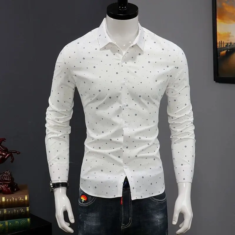 Spring Autumn Male Polo-neck Polka Dot Printed Casual Shirt Hombre Long Sleeve Fashion All-match Buttons Blouse Top Men Cardigan