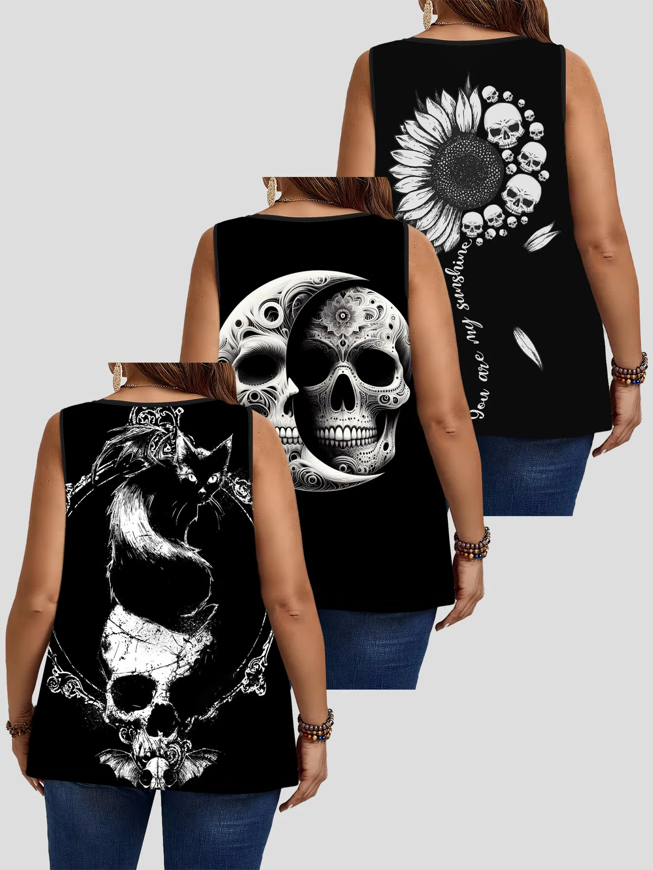 3-Piece Set of Plus-Size Women's Tank Tops with Skull, Black Cat, and Moon Art Print, Round Neck, Loose Fit, Sleeveless Tops