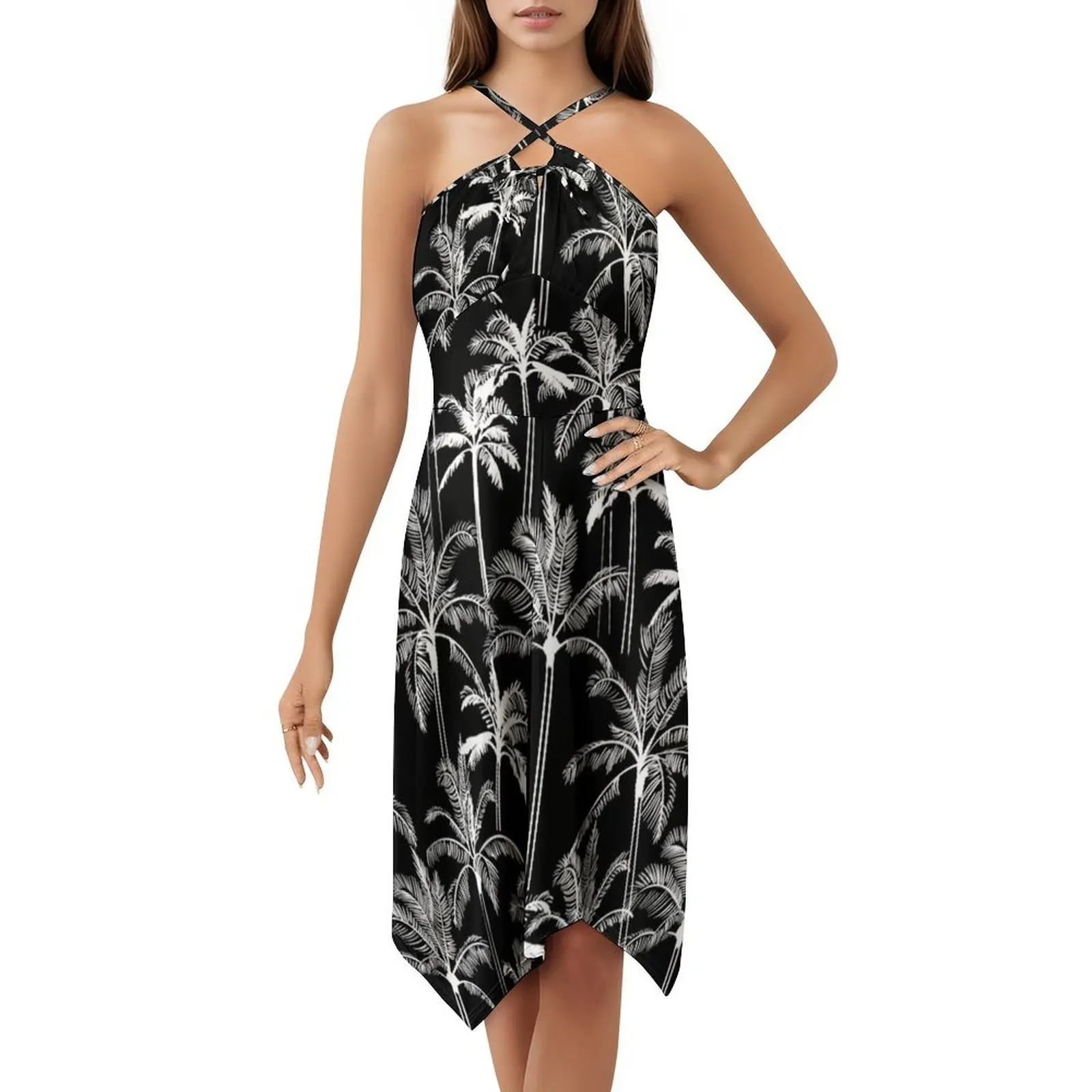 فستان ماركر بالمز-أسود على الطراز الكوري للنساء فستان كاجوال أنيق للحفلات أو الارتداء اليومي على شاطئ هاواي الاستوائي للعطلات