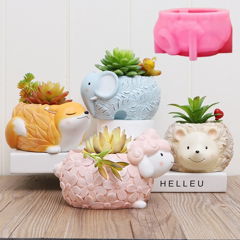 3D Leaf pattern elephant succulent plant flowerpot resin silicone mold flower rabbit fox box gypsum mold sheep Pot concrete mold