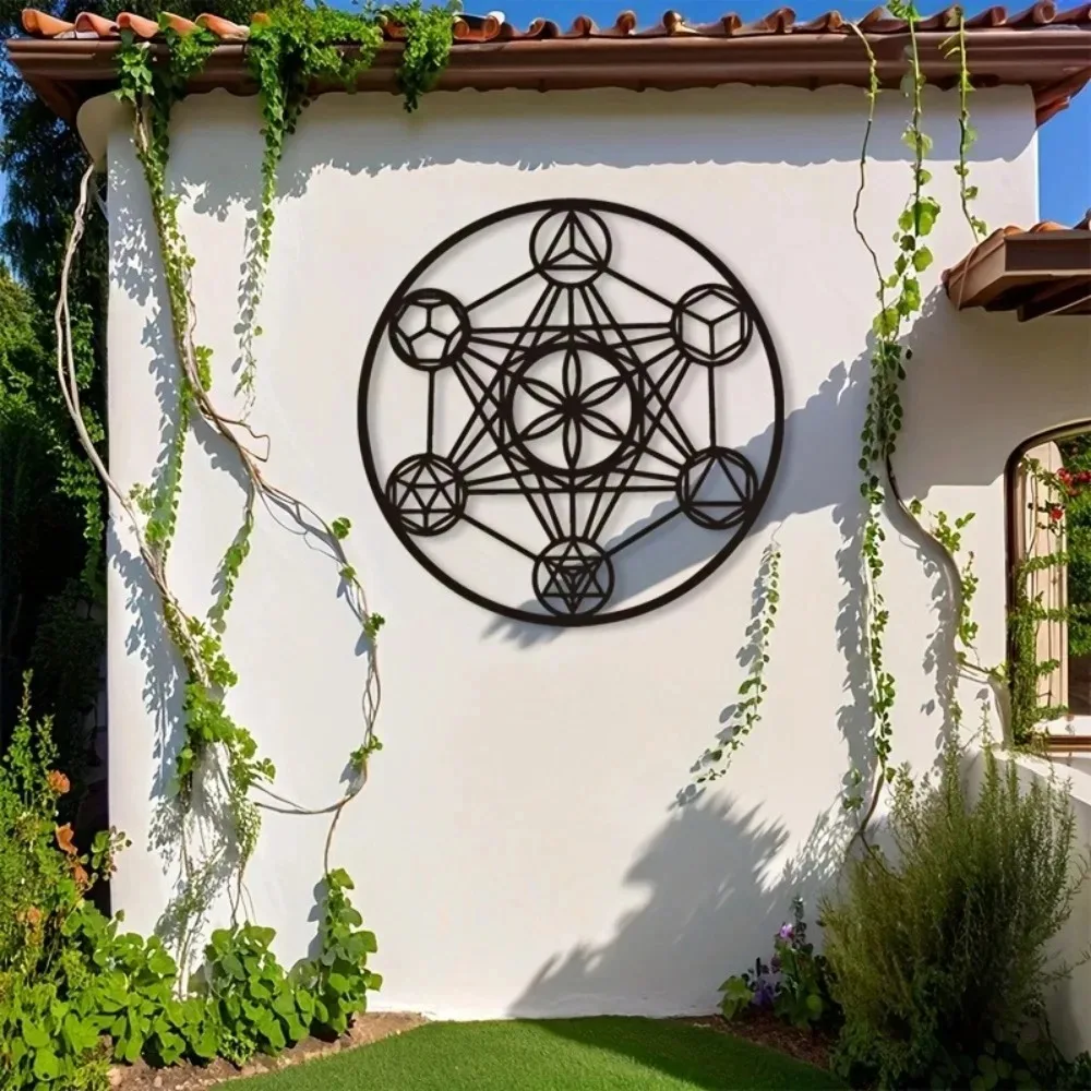 Metal Metatron's Cube Wall Art, Sacred Geometry Metal Sign for Living Room Bedroom Study, Minimalist Black Metal Decor